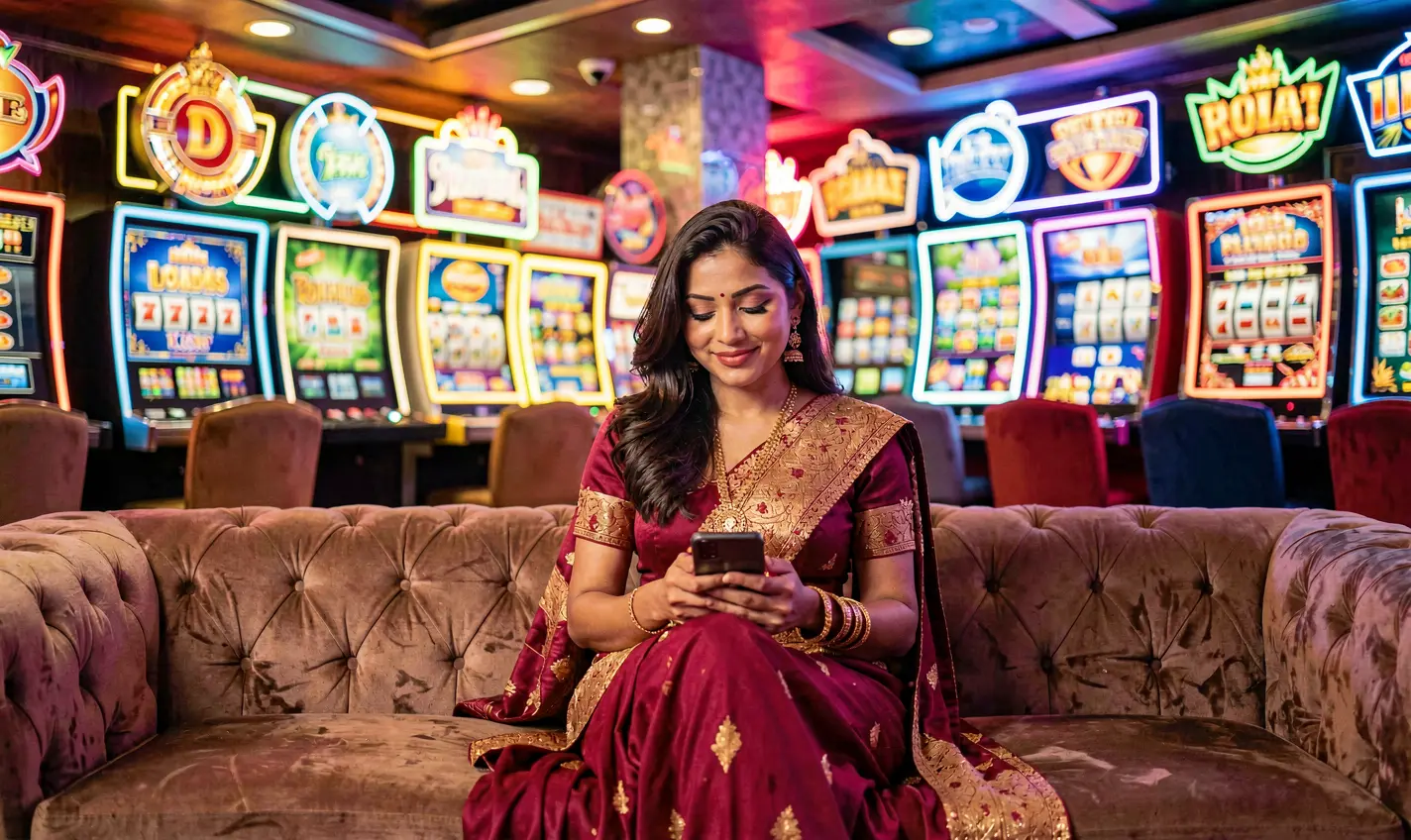 Confident Bangladeshi woman using the 61OK casino app on her phone while relaxing in a neon lit casino setting with glowing cards and slot symbols