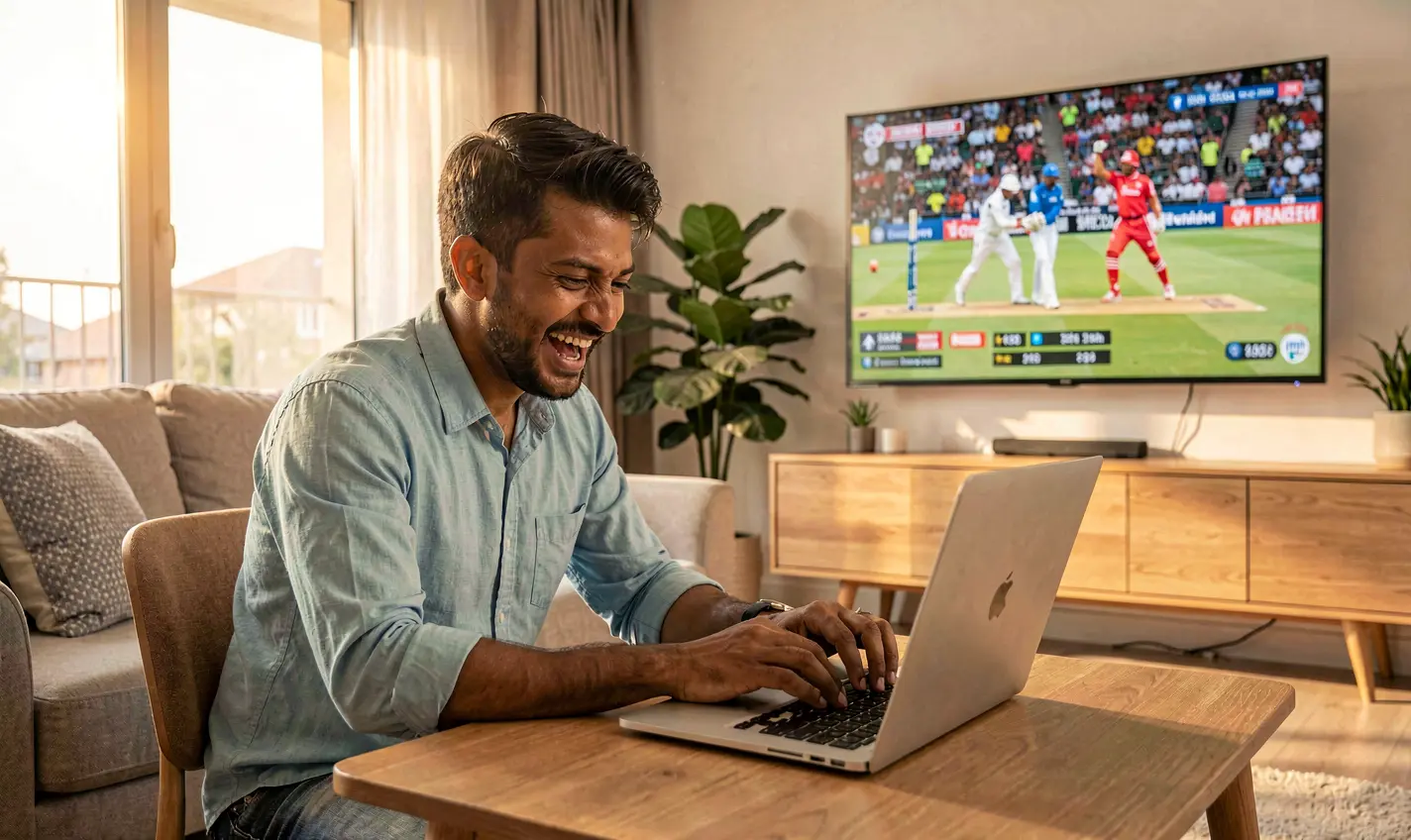Excited Bangladeshi sports bettor celebrating a winning moment while placing online bets on a laptop with live cricket action behind him using 61OK
