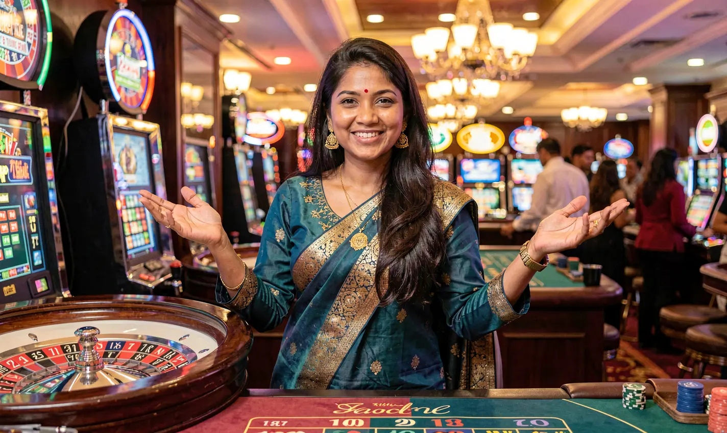 Elegant casino hostess in a red dress presenting live roulette gameplay and exclusive bonuses at 61OK Casino for players in Bangladesh