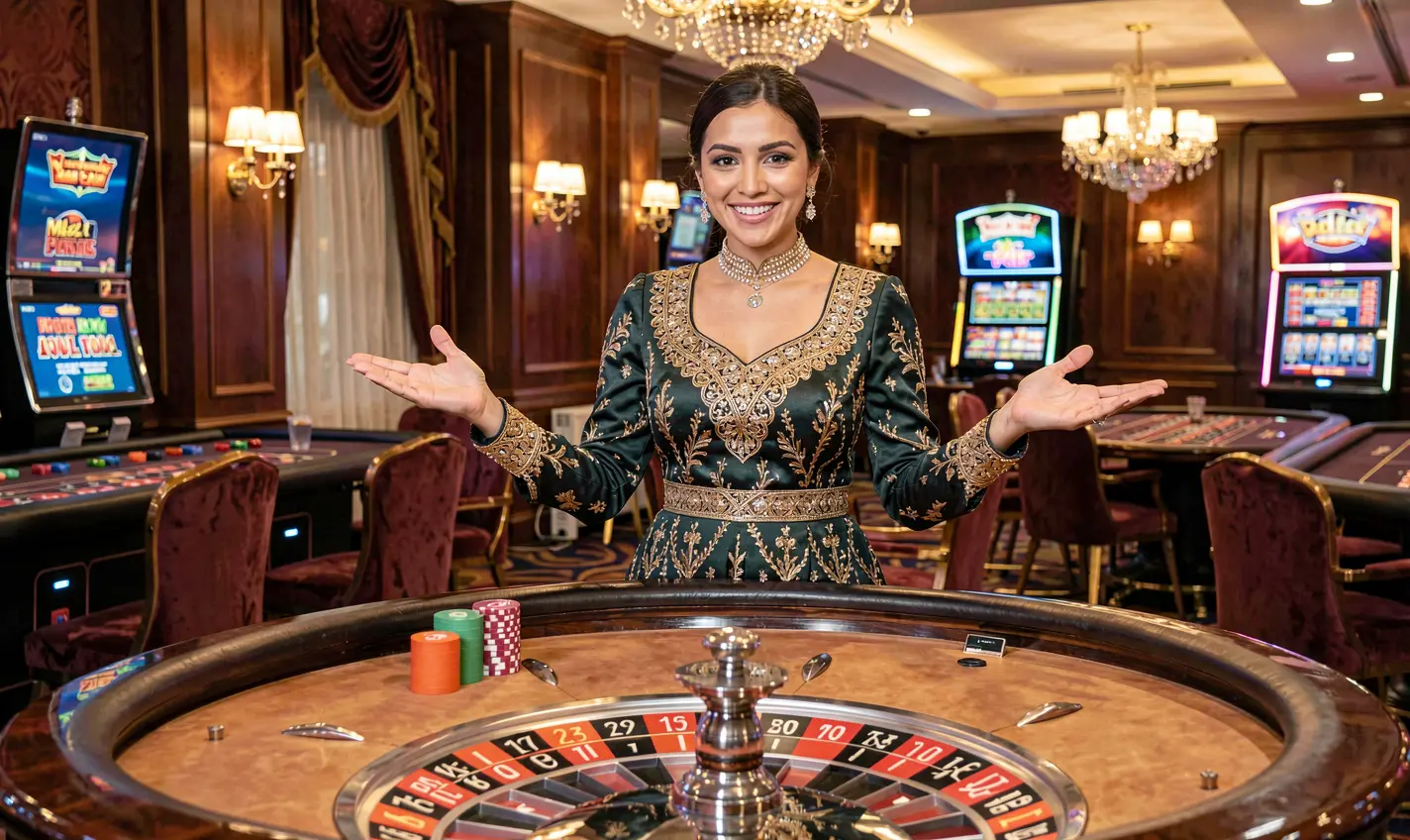 Elegant live casino dealer standing at a roulette table in a glamorous studio representing the premium live casino environment of 61OK for players in Bangladesh