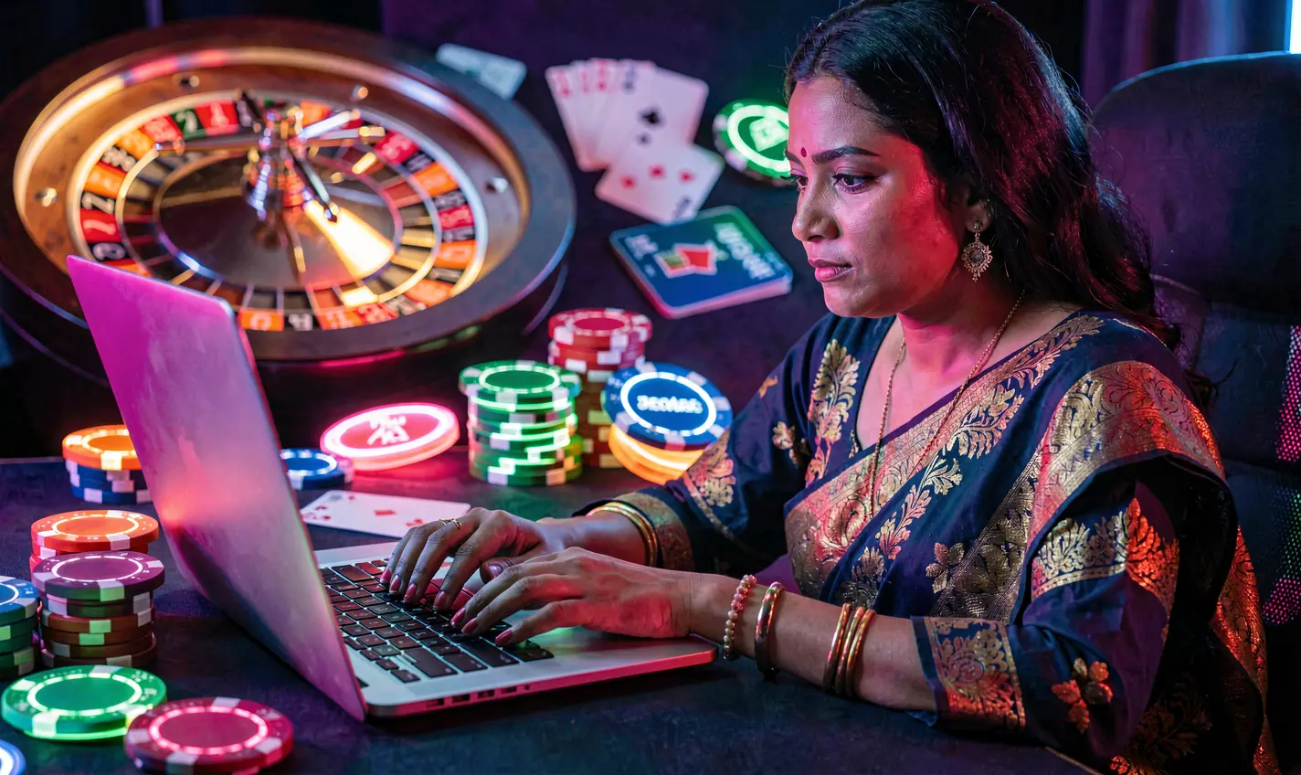 Stylized digital art of a Bangladeshi woman playing online casino games on a laptop surrounded by glowing chips and roulette visuals at 61OK