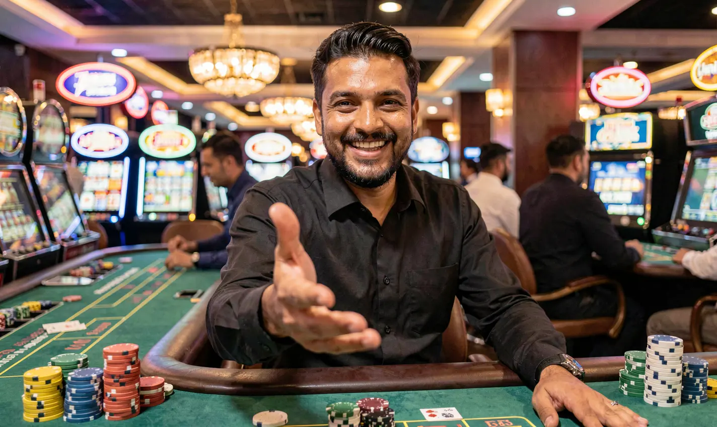 Friendly casino dealer from Bangladesh extending his hand in a welcoming gesture with glowing casino chips and lights behind him on 61OK