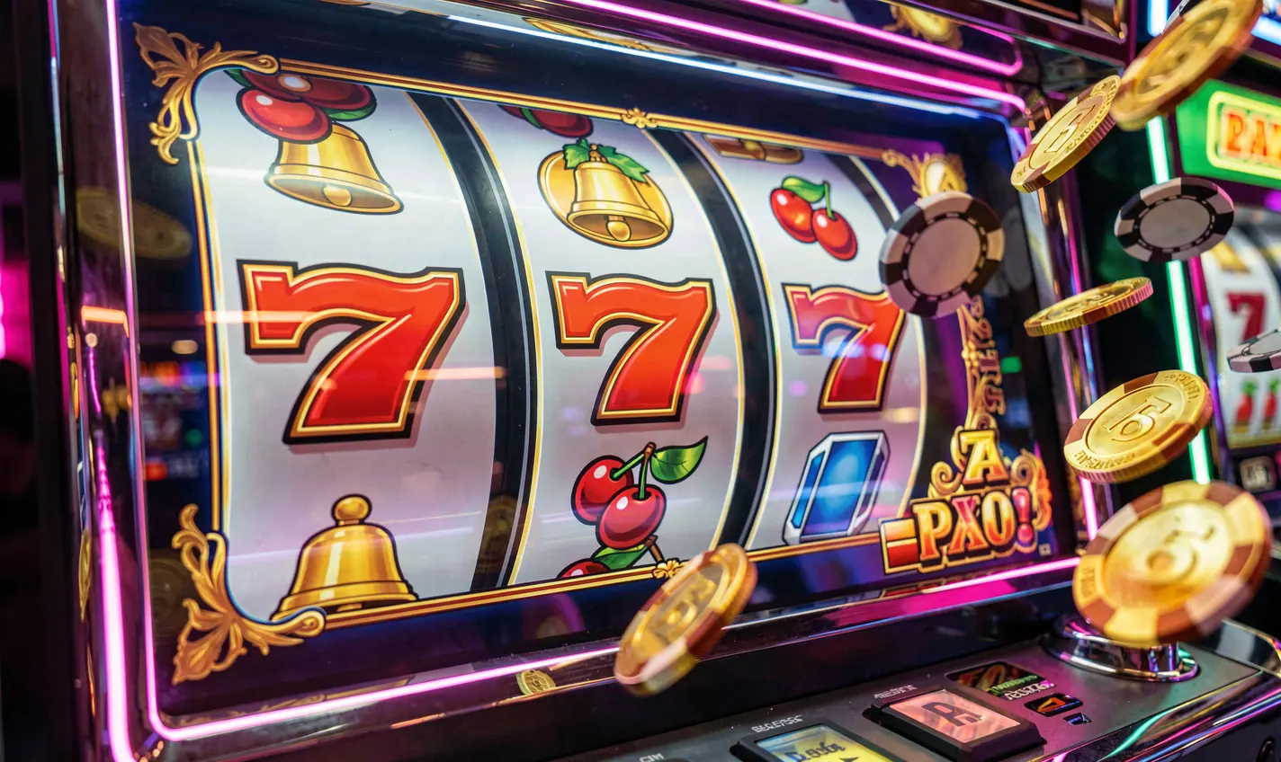 Classic glowing slot machine with triple sevens and flying gold coins creating a jackpot atmosphere at 61OK online casino for players in Bangladesh